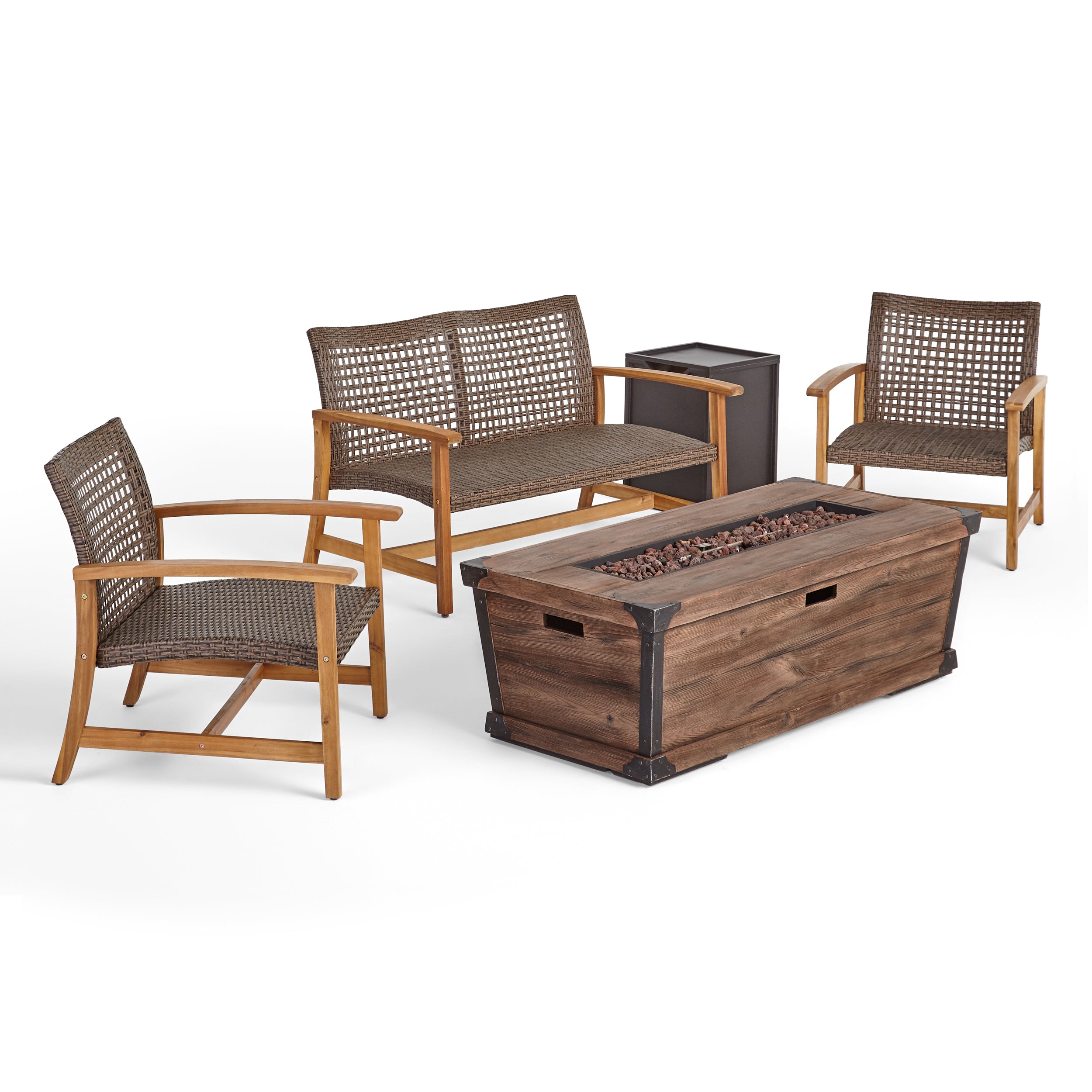 Airyanna Outdoor 3 Piece Wood and Wicker Chat Set with Fire Pit Natural Stained Gray