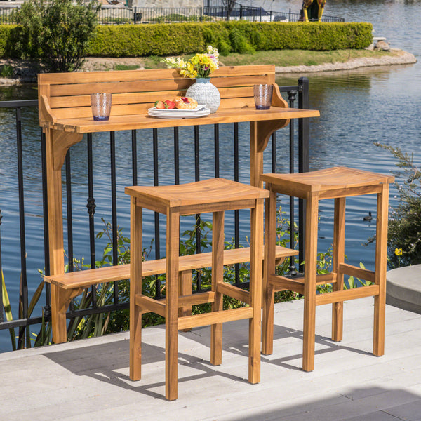 Pensacola Outdoor 3 Piece Acacia Wood Balcony Bar Set