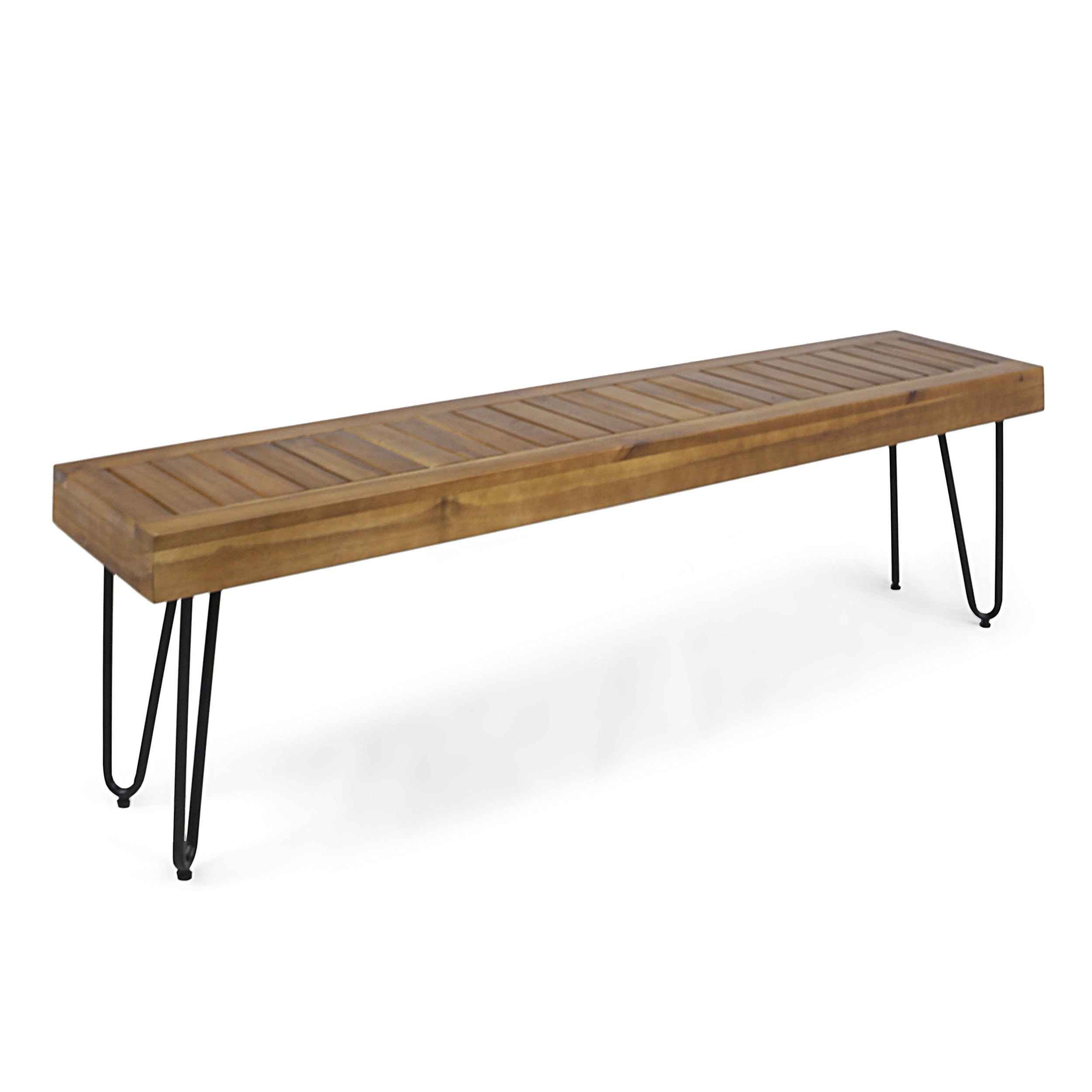 Abbet Outdoor Farmhouse Slat Top Acacia Wood Bench w Metal Hairpin Legs Teak