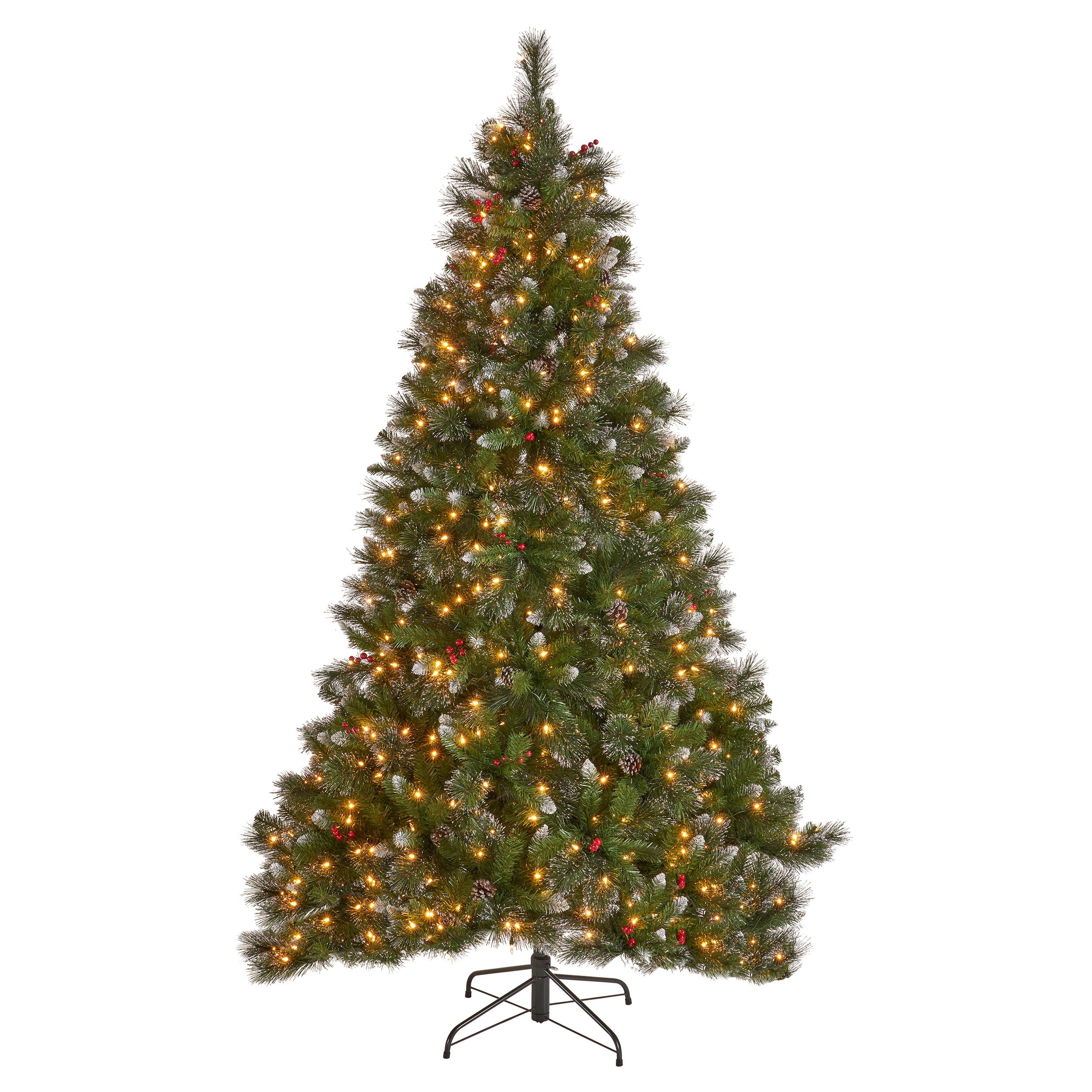 7 foot Mixed Spruce Hinged Artificial Christmas Tree with Glitter Branches Red Berries and Pinecones Clear Lights