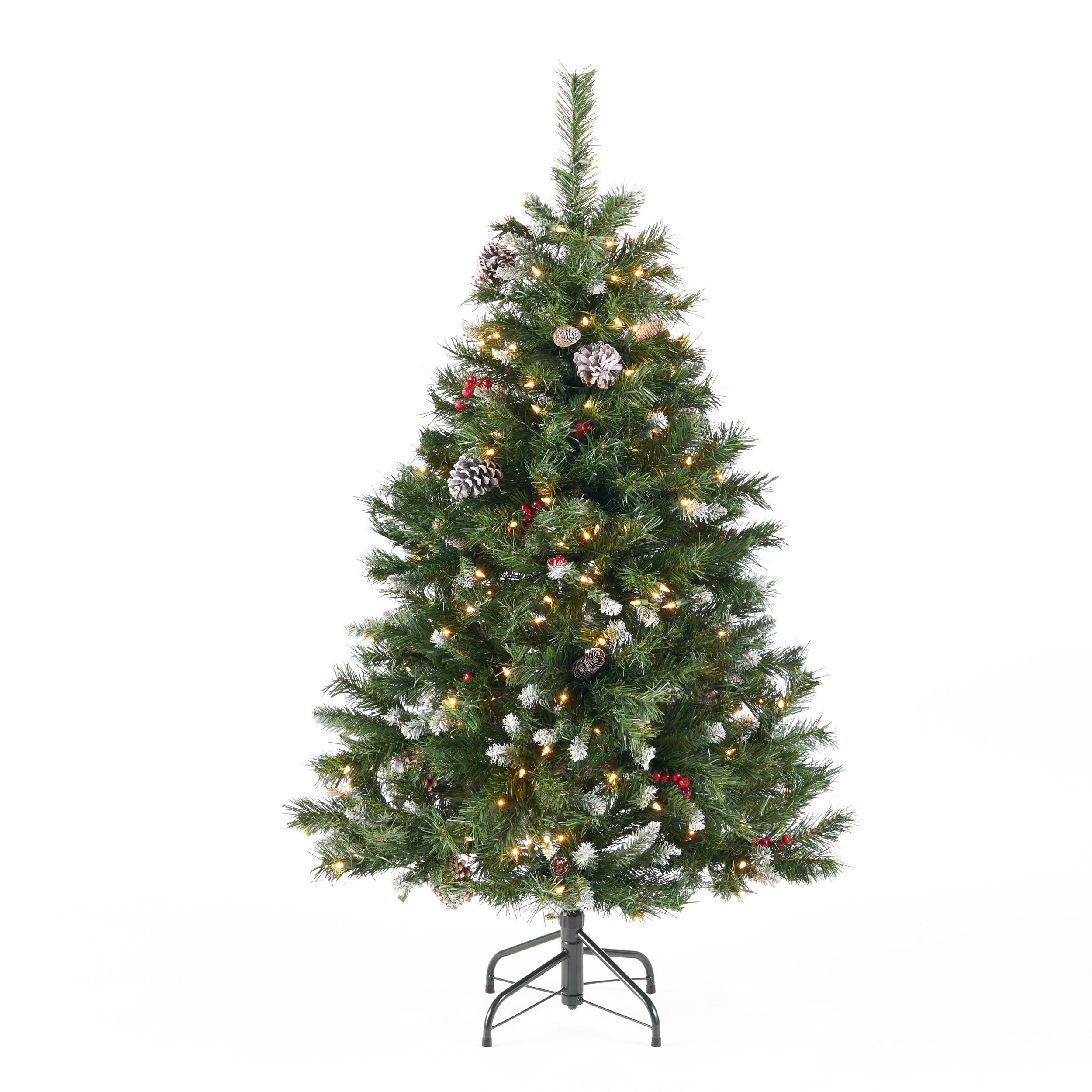 45 foot Mixed Spruce Hinged Artificial Christmas Tree with Frosted Branches Red Berries and Frosted Pinecones