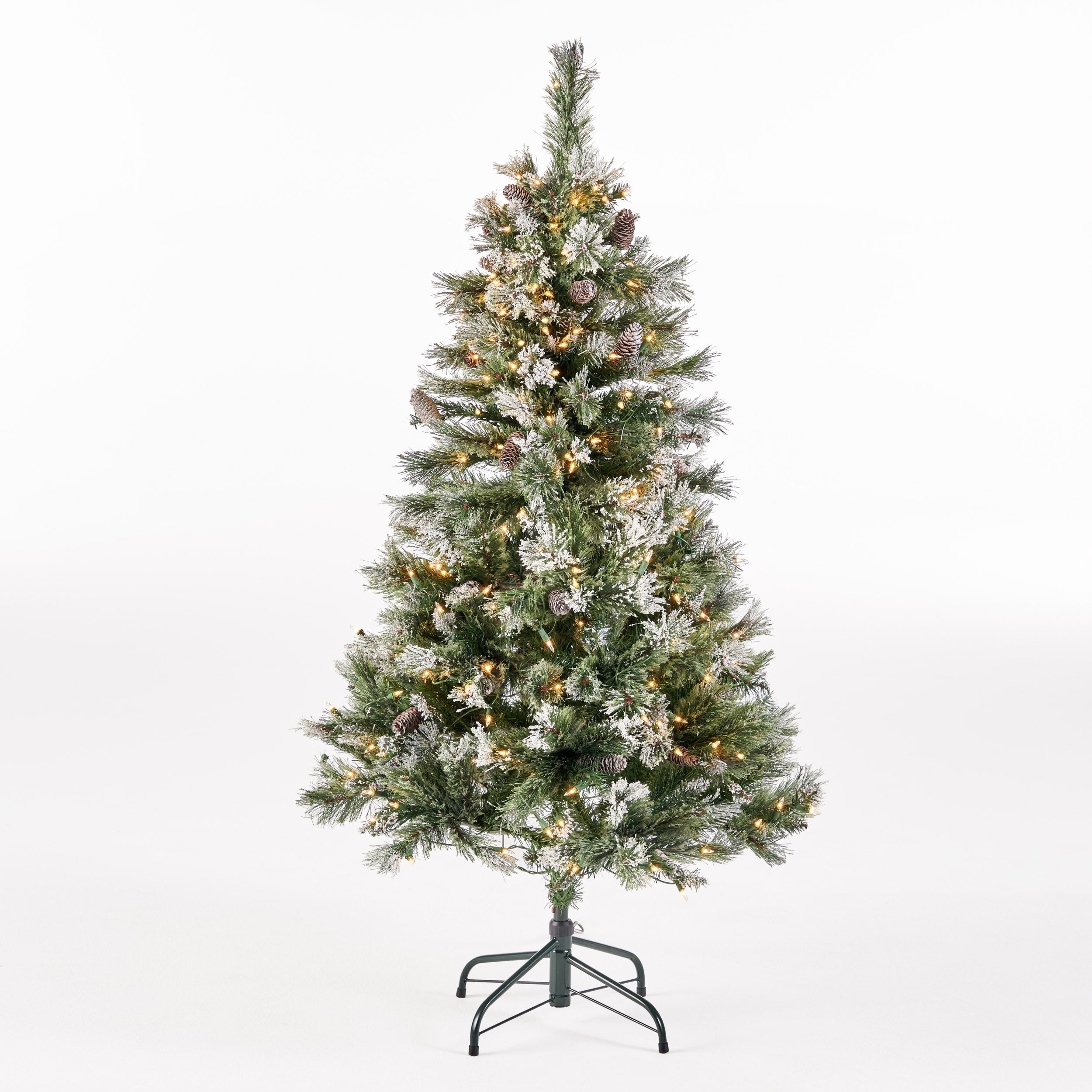 45 foot Cashmere Pine and Mixed Needles Hinged Artificial Christmas Tree with Snow and Glitter Branches and Frosted Pinecones