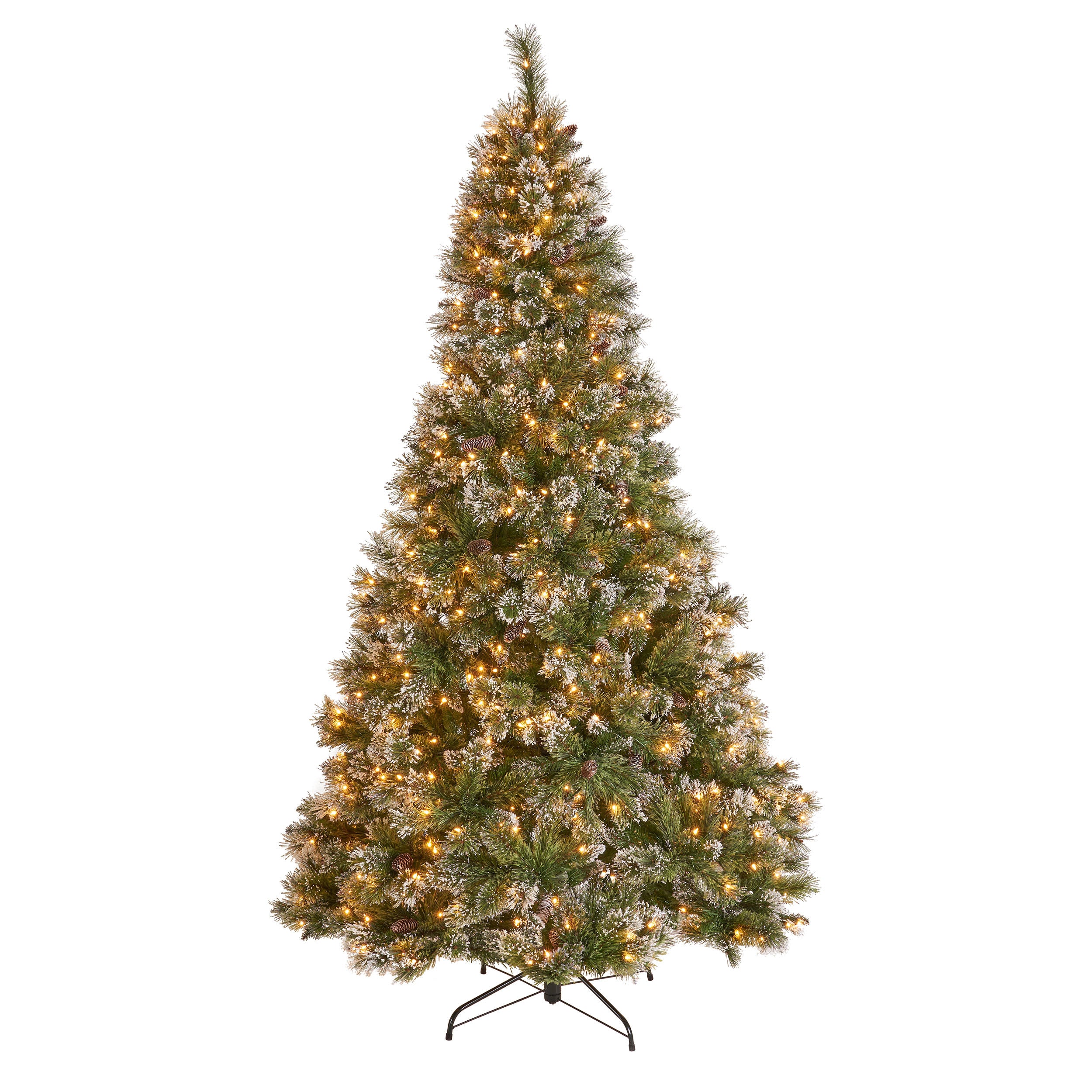 7 foot Cashmere Pine and Mixed Needles Hinged Artificial Christmas Tree with Snow and Glitter Branches and Frosted Pinecones
