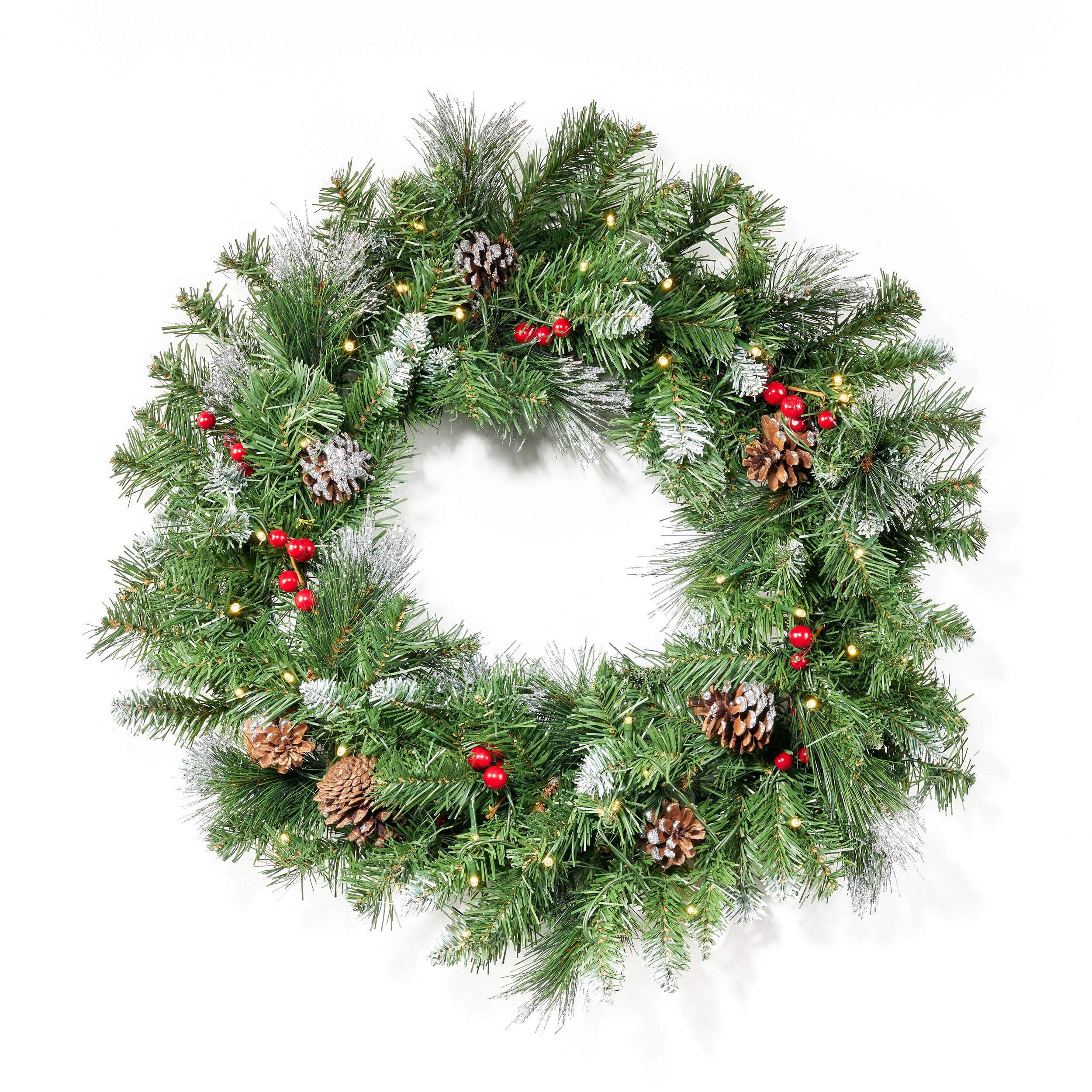 24 Mixed Spruce Warm White LED Artificial Christmas Wreath with Glitter Branches Red Berries Pinecones