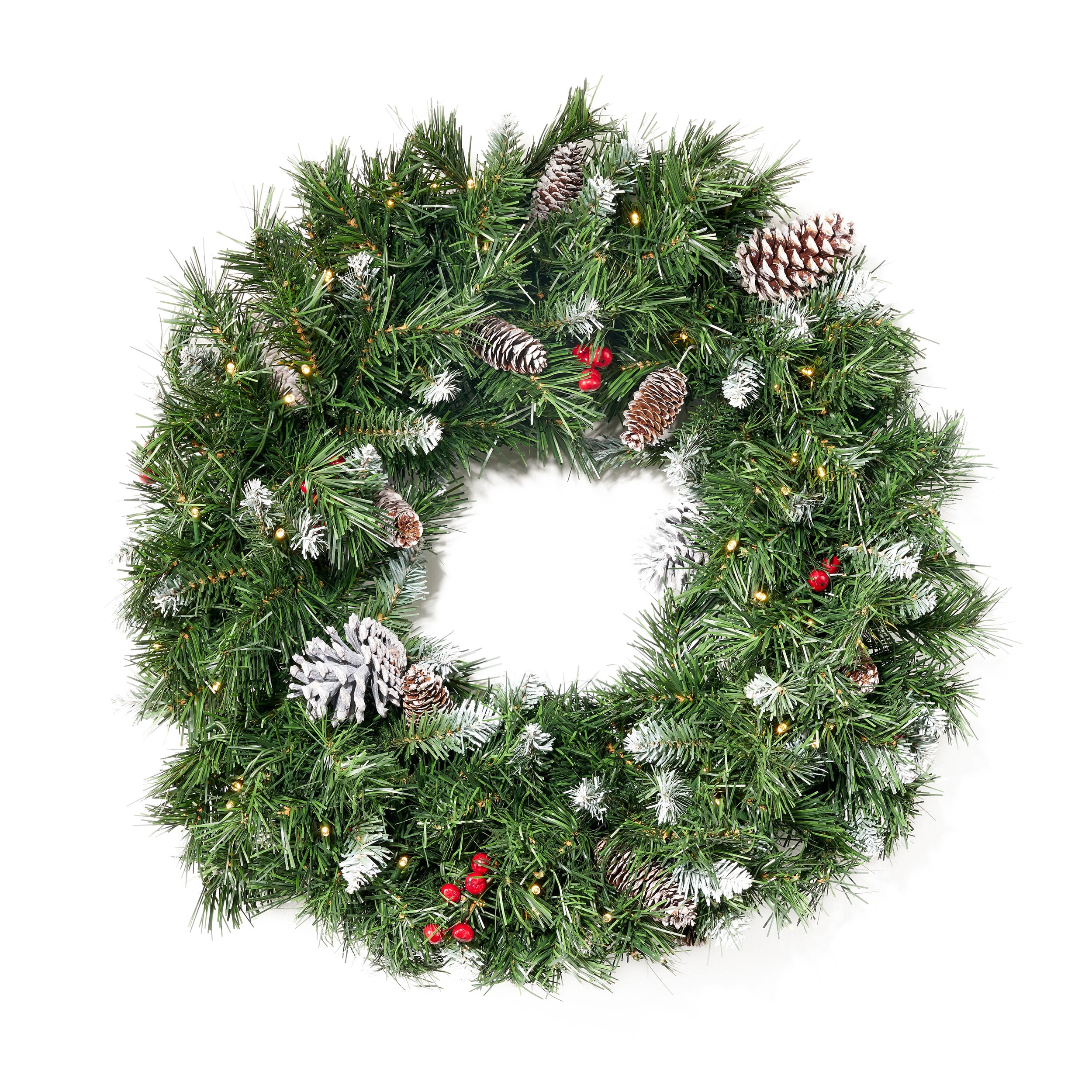 24 Mixed Spruce Pre Lit Warm White LED Artificial Christmas Wreath with Frosted Branches Red Berries and Pinecones