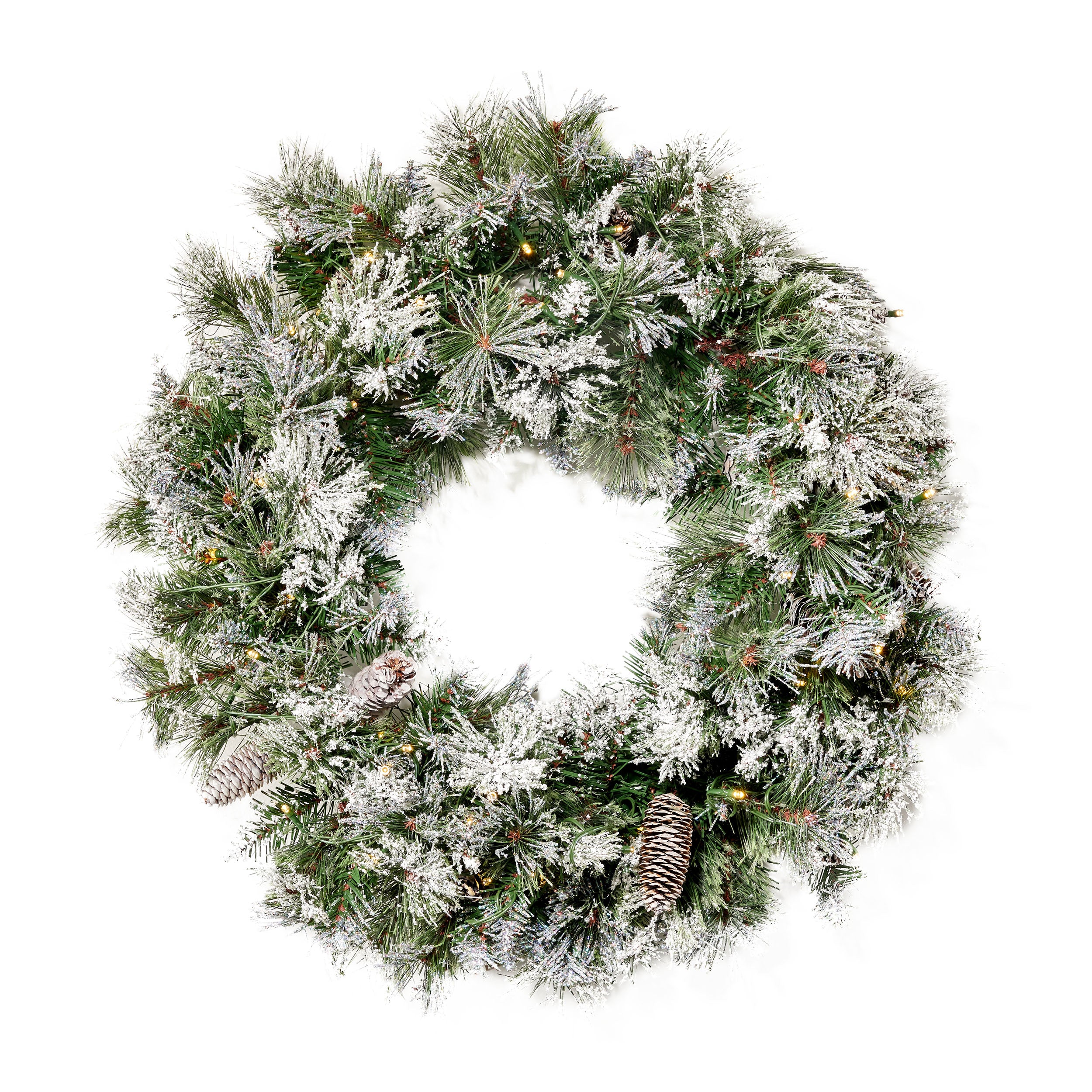 24 Cashmere Pine and Mixed Needles Warm White LED Artificial Christmas Wreath with Flocked Snow Glitter Branches and Pinecones