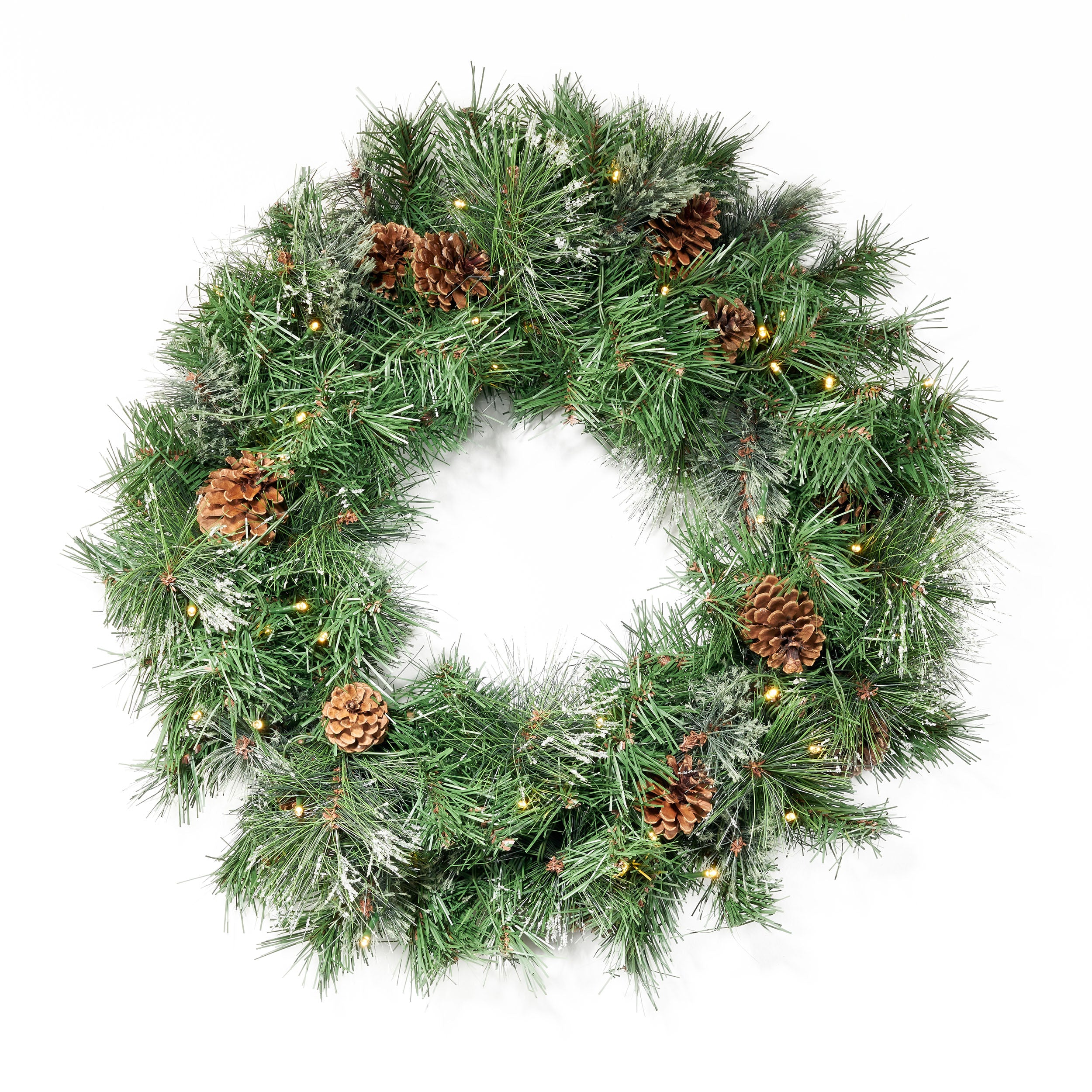 24 Cashmere Pine and Mixed Needles Warm White LED Artificial Christmas Wreath with Snowy Branches and Pinecones