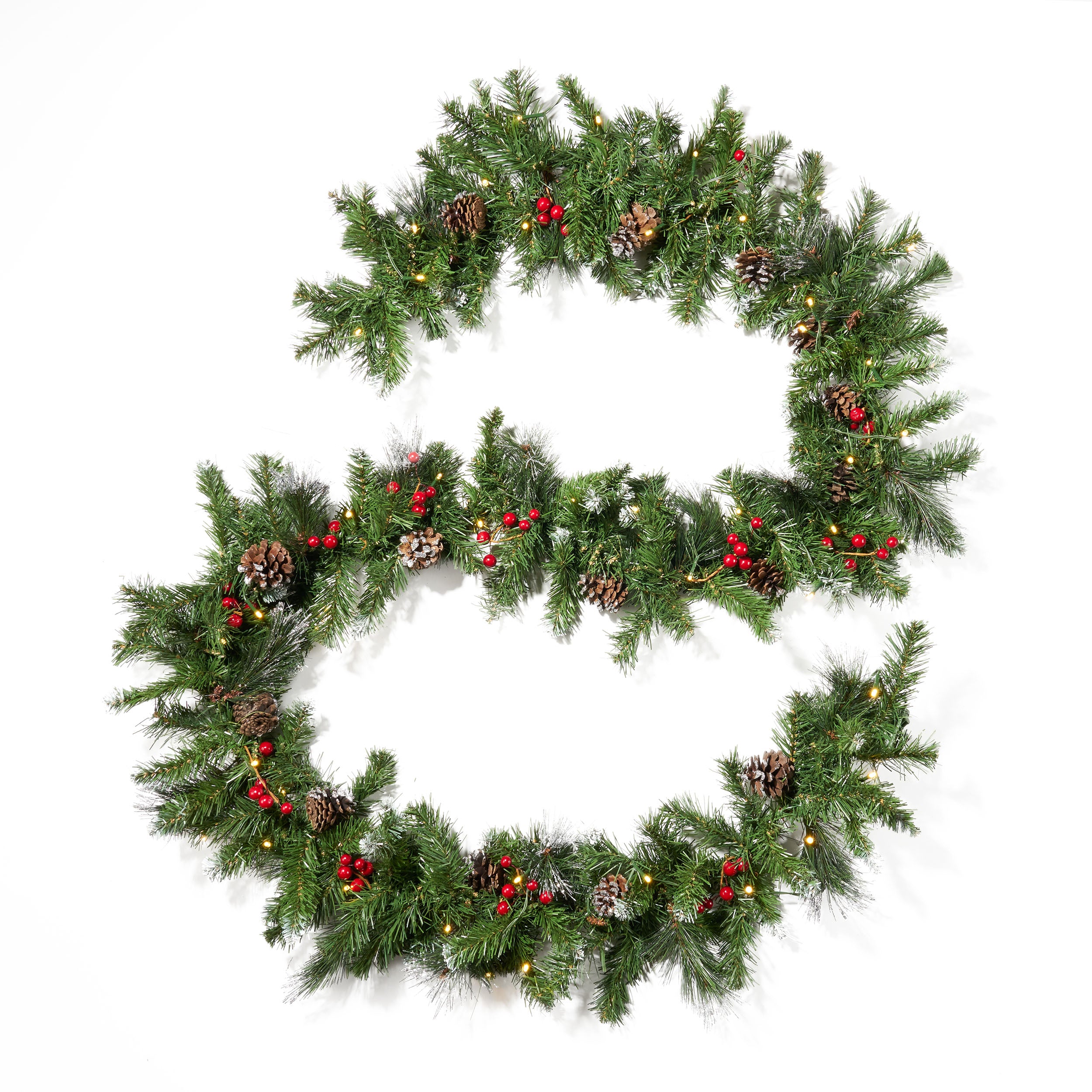 9 foot Mixed Spruce Pre Lit Warm White LED Artificial Christmas Garland with Glitter Branches Red Berries and Pinecones