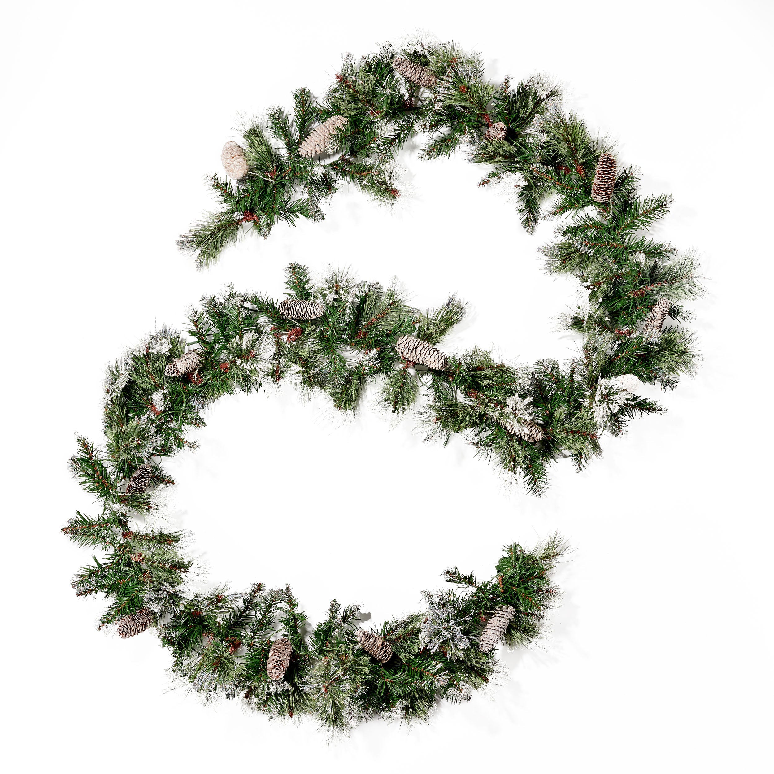 9 foot Cashmere Pine and Mixed Needle Pre Lit Warm White LED Artificial Christmas Garland with Snow and Glitter Branches and Frosted Pinecones Default Title