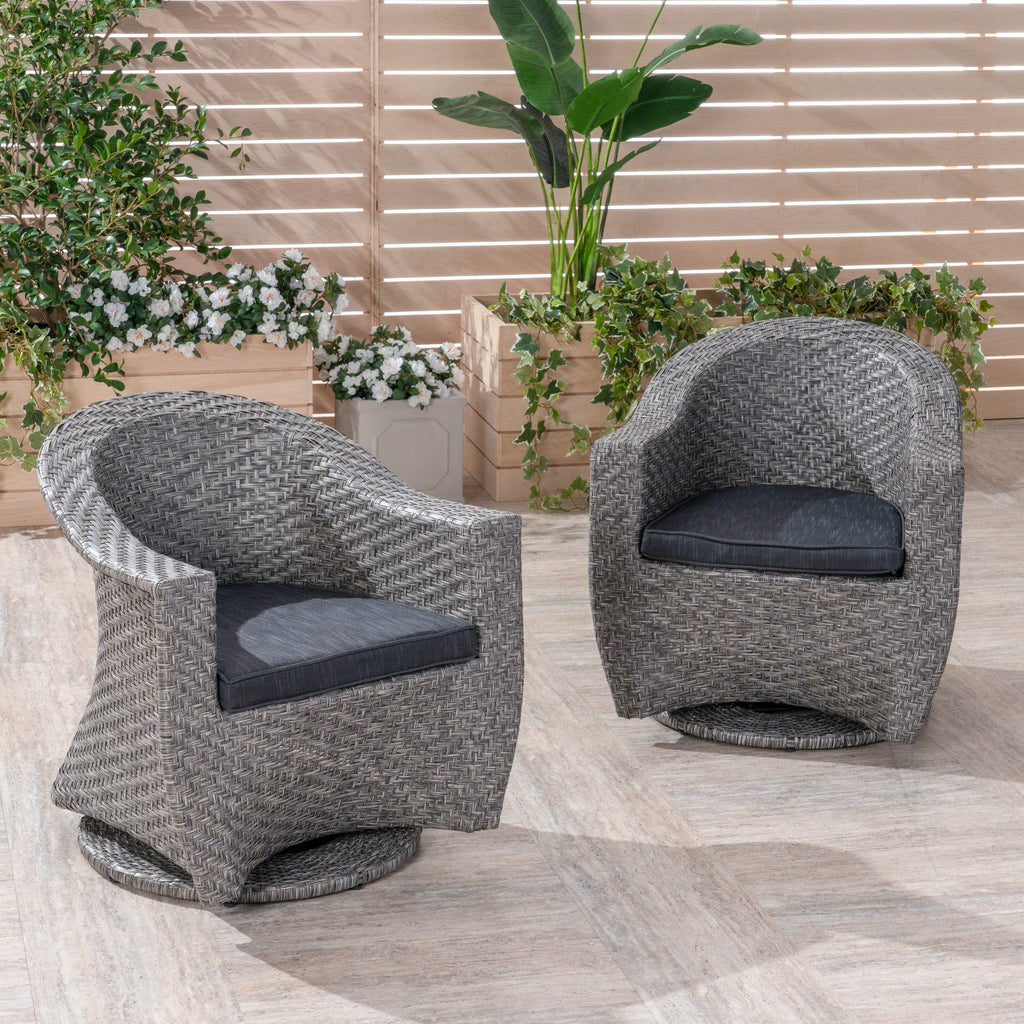 Larchmont Patio Swivel Chairs, Wicker with Outdoor Cushions, Mixed Bla