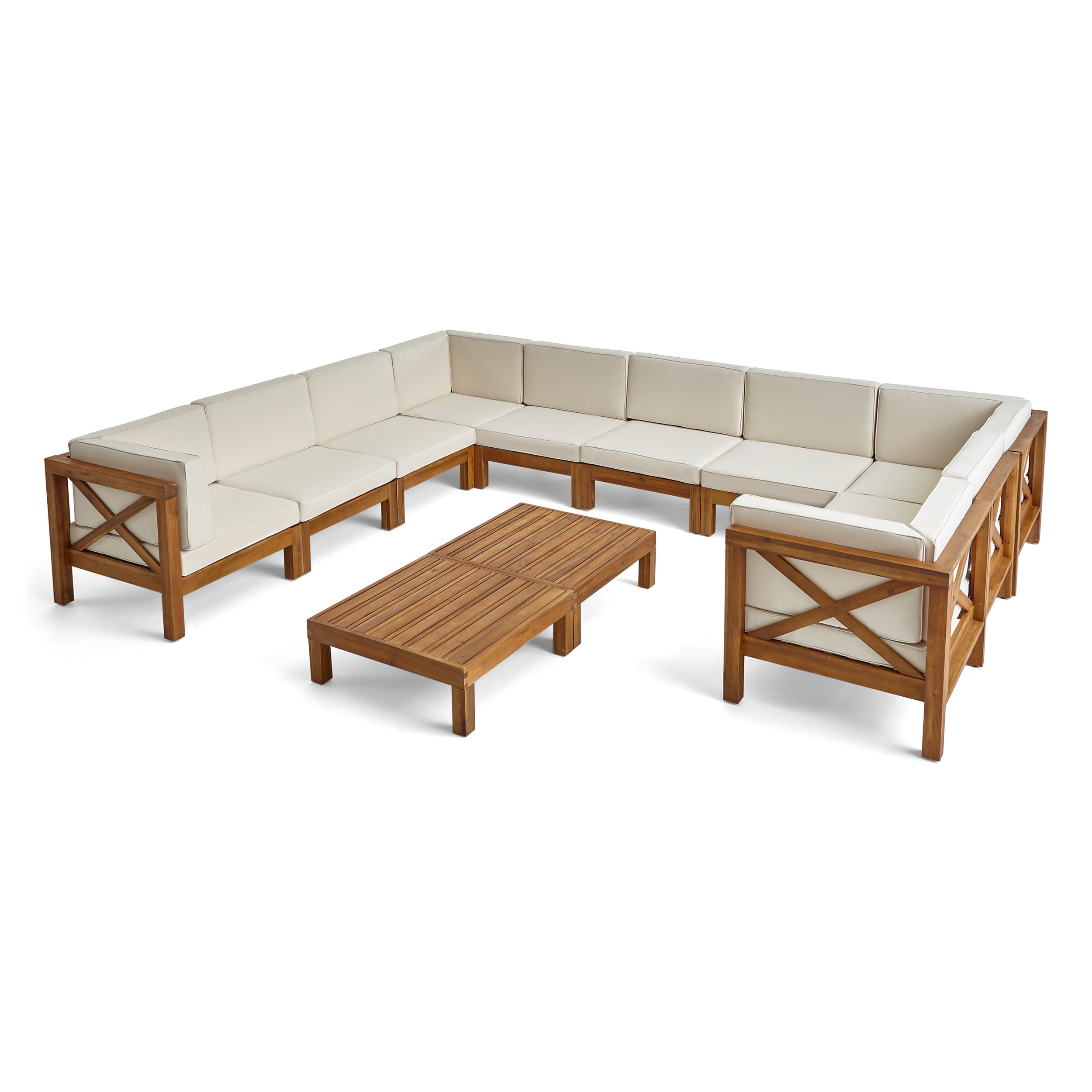 Cynthia Outdoor Acacia Wood 10 Seater U Shaped Sectional Sofa Set with Two Coffee Tables Weathered Gray Dark Gray