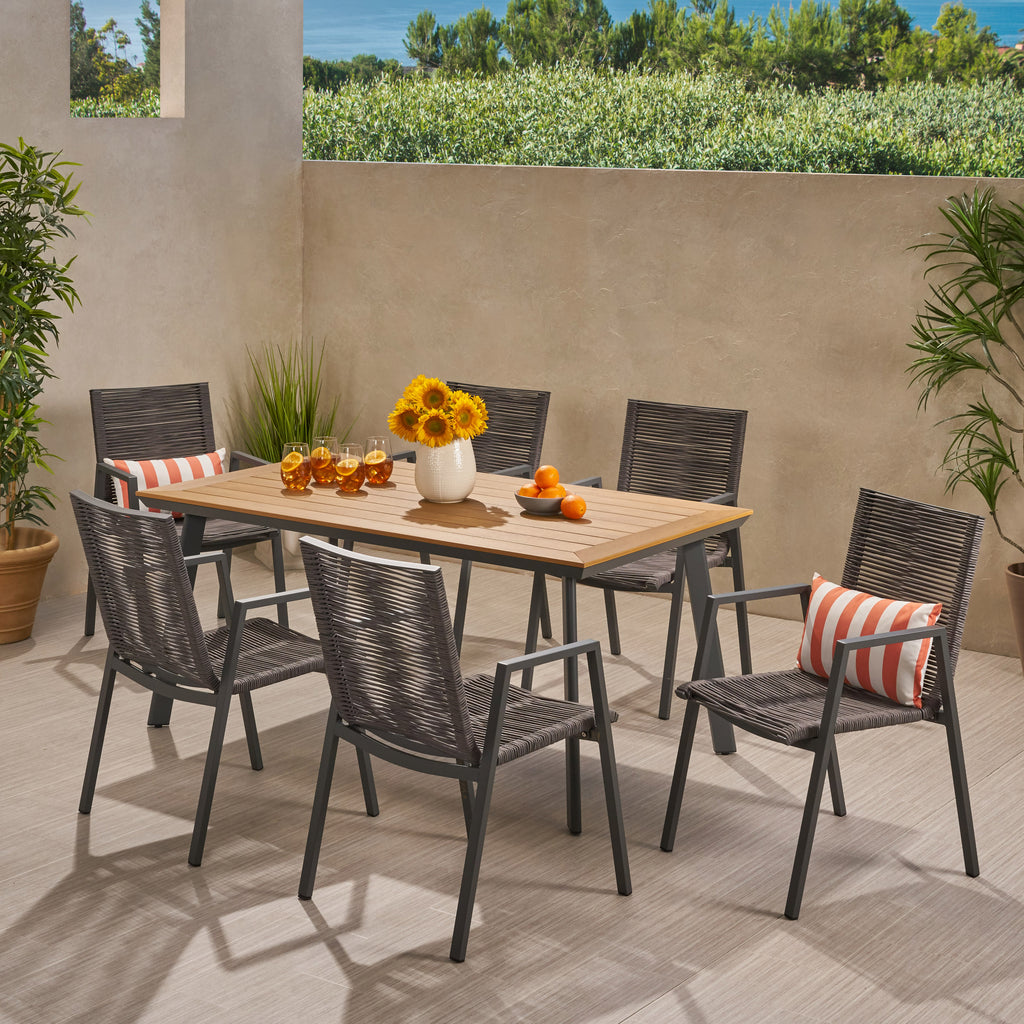 Asir Outdoor Modern 6 Seater Aluminum Dining Set with Faux Wood Table ...