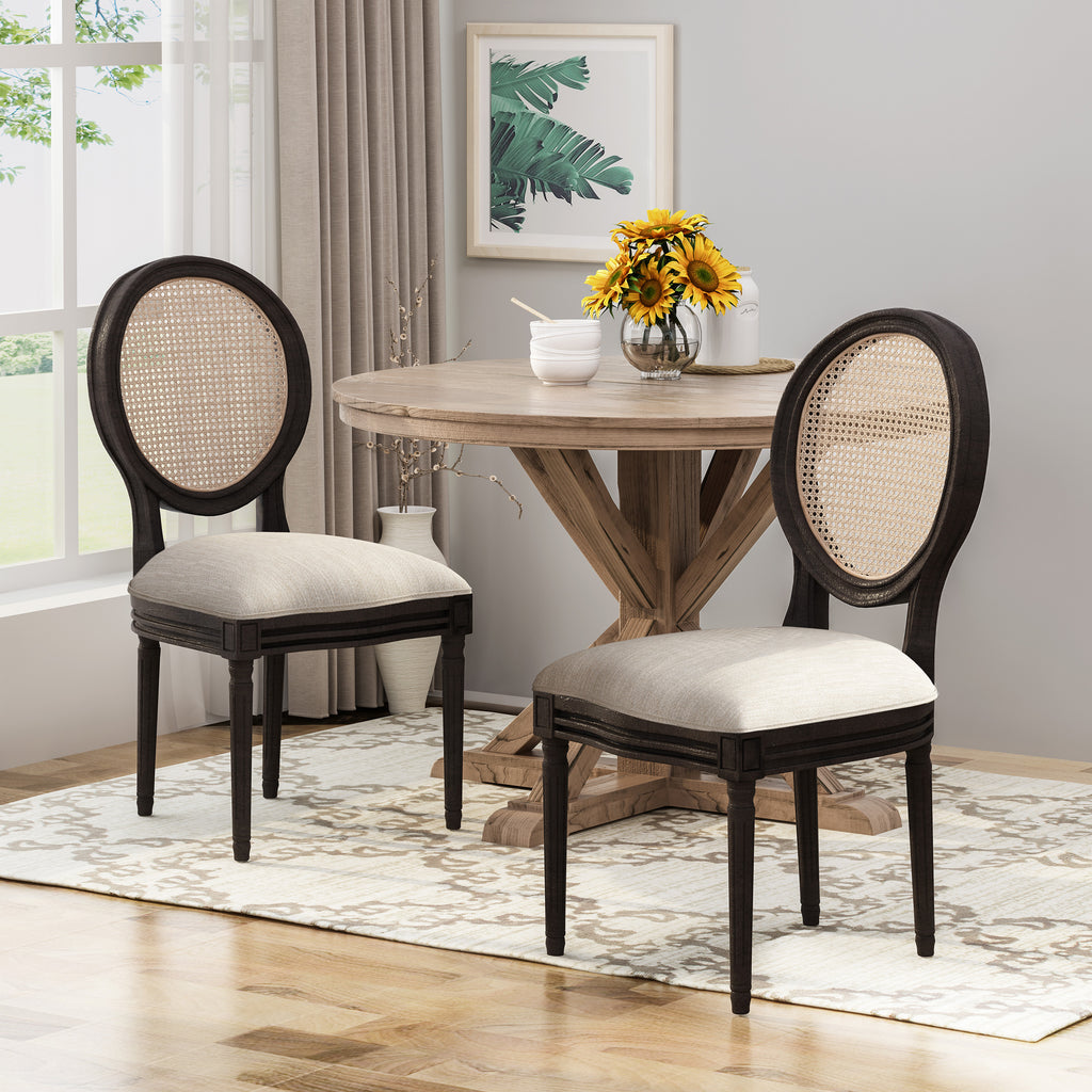 round dining table with eight chairs