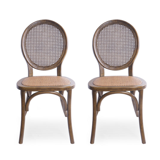 GDF Studio Emerys Beech Wood and Rattan Dining Chair with Faux Leather Cushion, Set of 2, Black