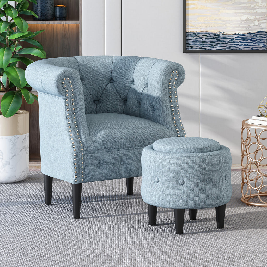 Atticus Chesterfield Style Tufted Fabric Accent Chair And Ottoman Set Gdfstudio