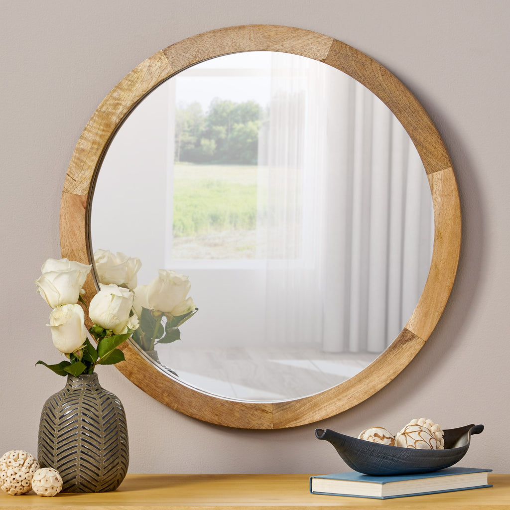 Heather Modern Round Mirror with Mango Wood Frame – GDF Studio