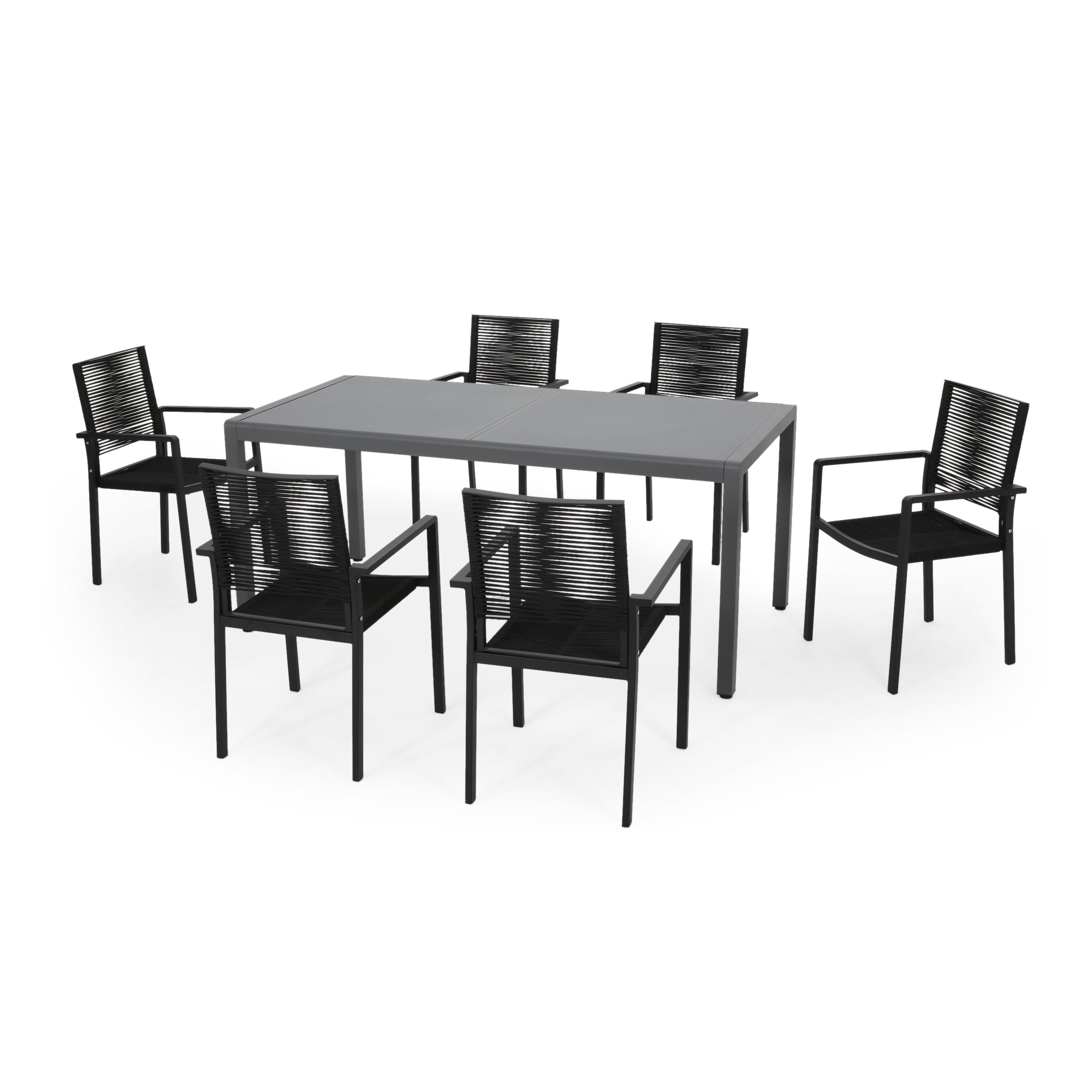 Aaleigha Outdoor Modern 6 Seater Aluminum Dining Set with Tempered Glass Table Top GraySilverDark Gray