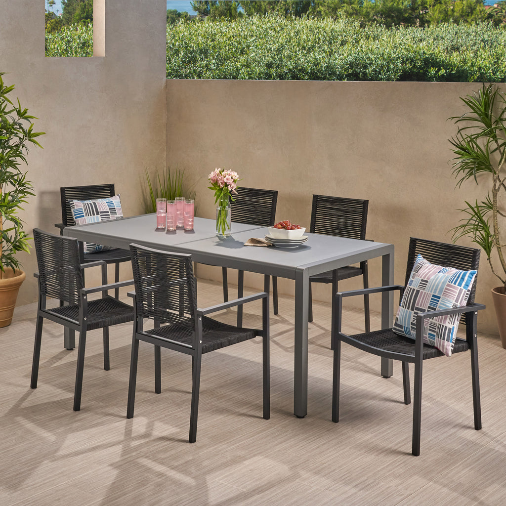 Aaleigha Outdoor Modern 6 Seater Aluminum Dining Set with Tempered Gla ...