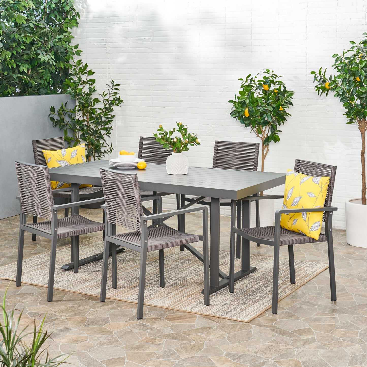 Aponaug Outdoor Modern Industrial Aluminum 7 Piece Dining Set with Rop ...