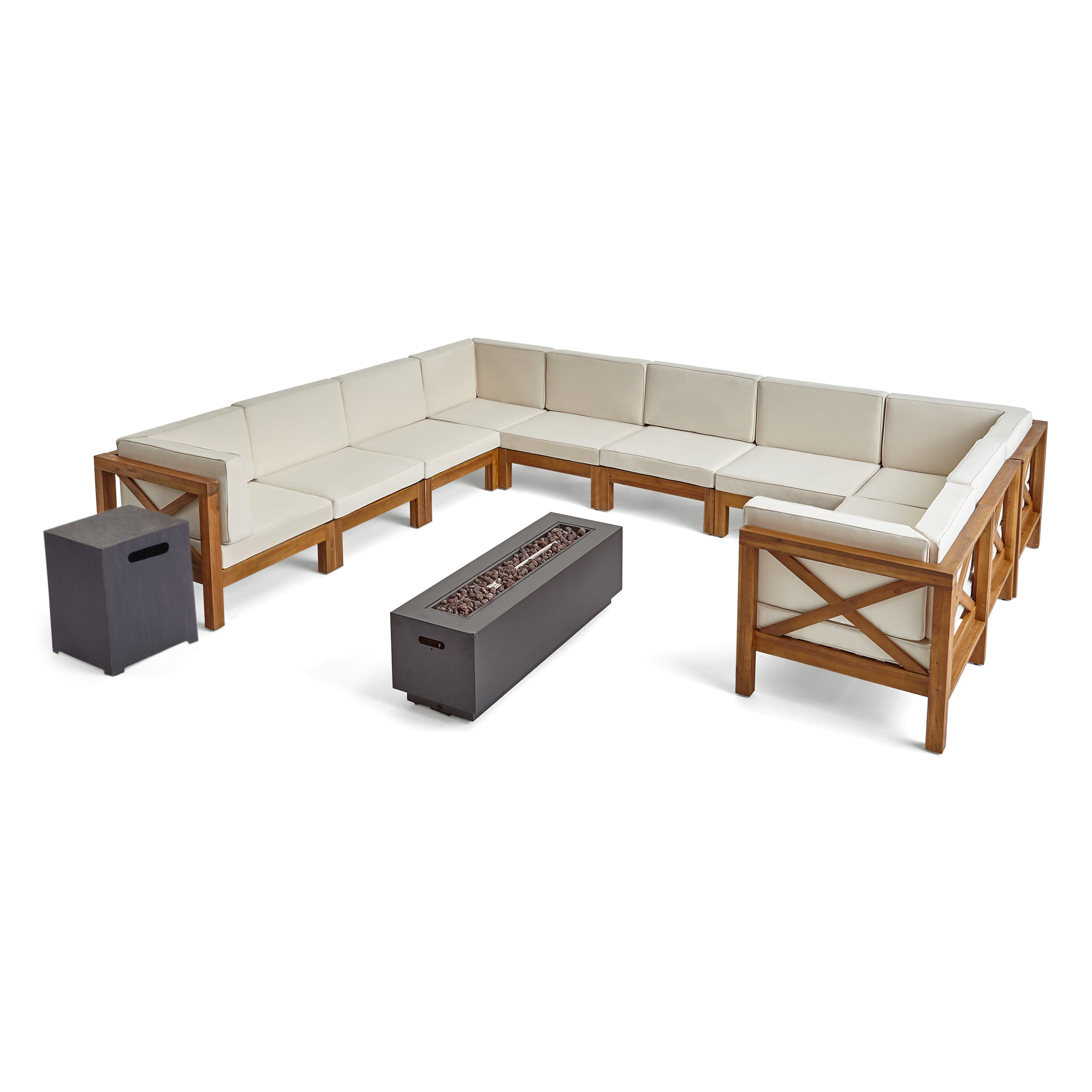 Lorelei Outdoor Acacia Wood 10 Seater U Shaped Sectional Sofa Set with Fire Pit Weathered Gray Dark Gray