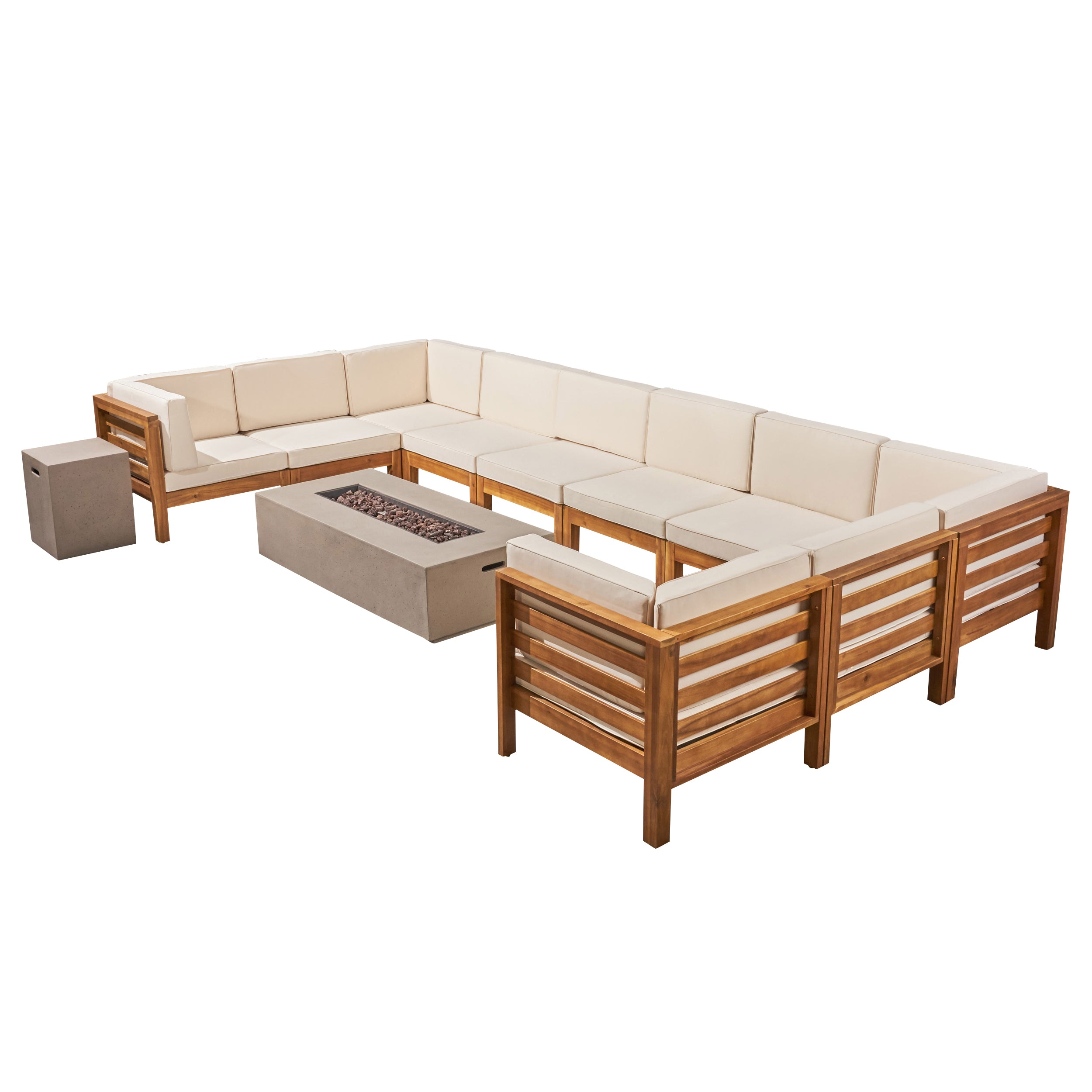 Ravello Outdoor 12 Piece U Shaped Sectional Sofa Set with Fire Pit Teak Beige Light Gray