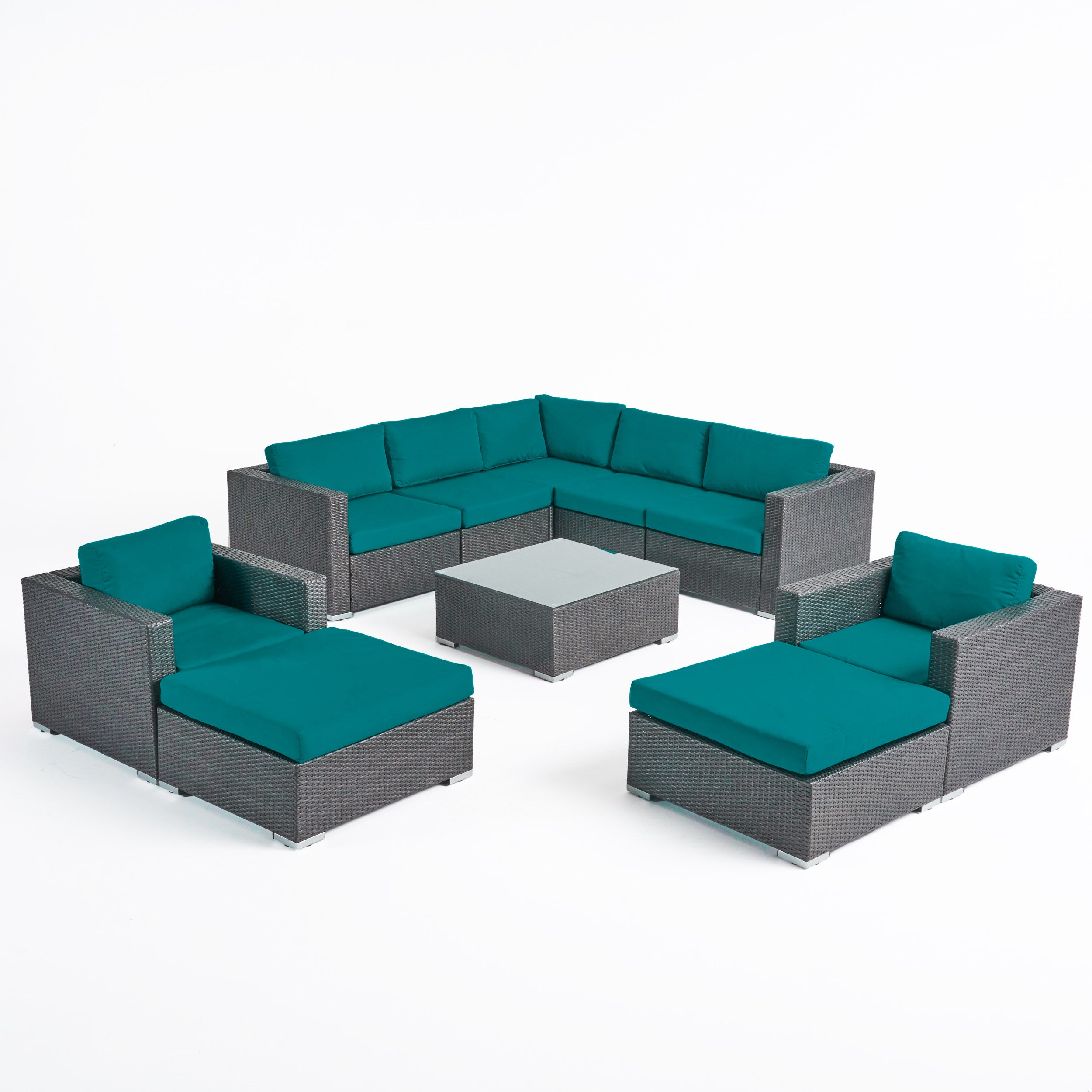 Kyra Outdoor 7 Seater Wicker Sectional Sofa Set with Sunbrella Cushions Gray Canvas Teal