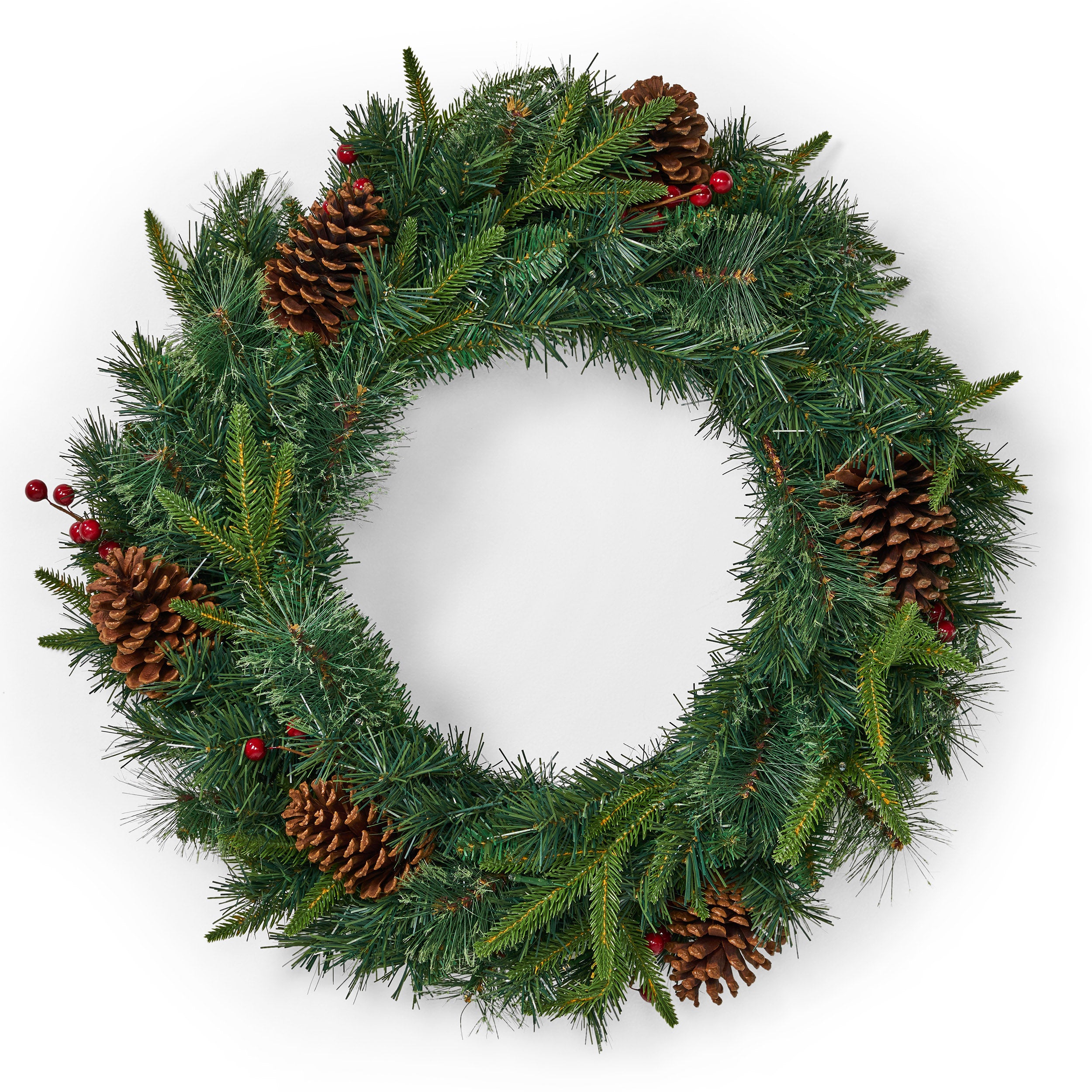 24 Mixed Pine Pre Lit Warm White LED Artificial Christmas Wreath with Pine Cones and Berries