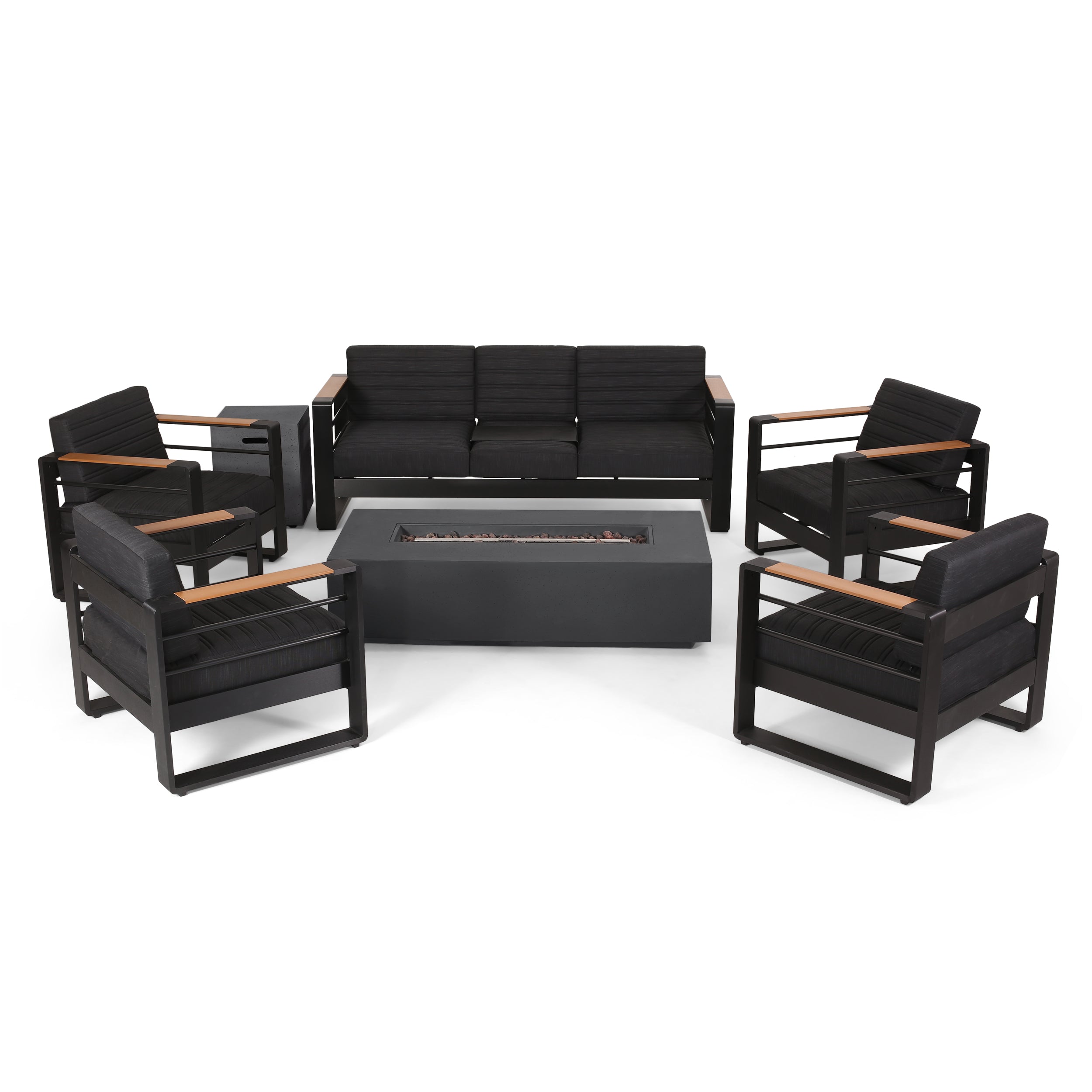 Neffs Outdoor Aluminum 7 Seater Chat Set with Fire Pit Black Natural and Dark Gray