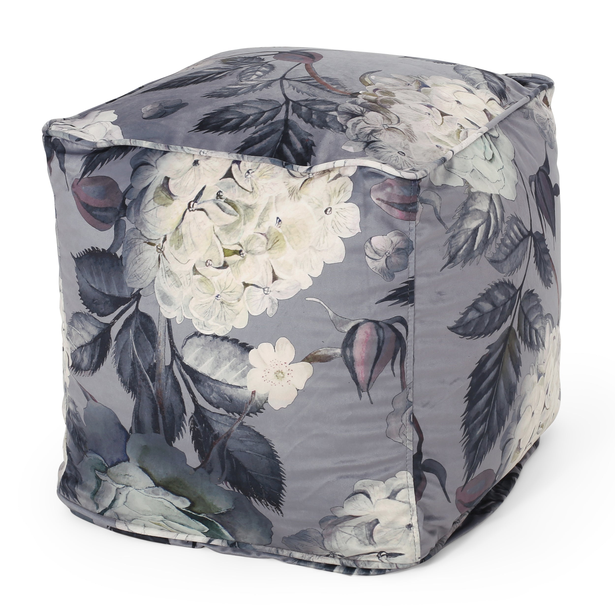 Amlin Traditional Fabric Flower Print Pouf Grey BaseFlower Print Medium