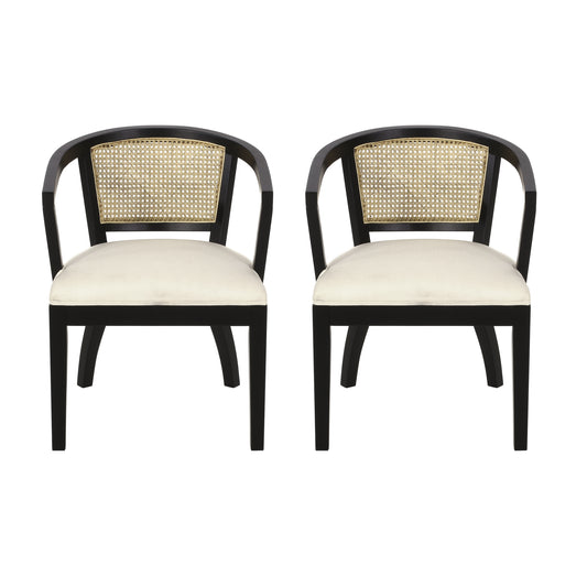 GDF Studio Emerys Beech Wood and Rattan Dining Chair with Faux Leather Cushion, Set of 2, Black