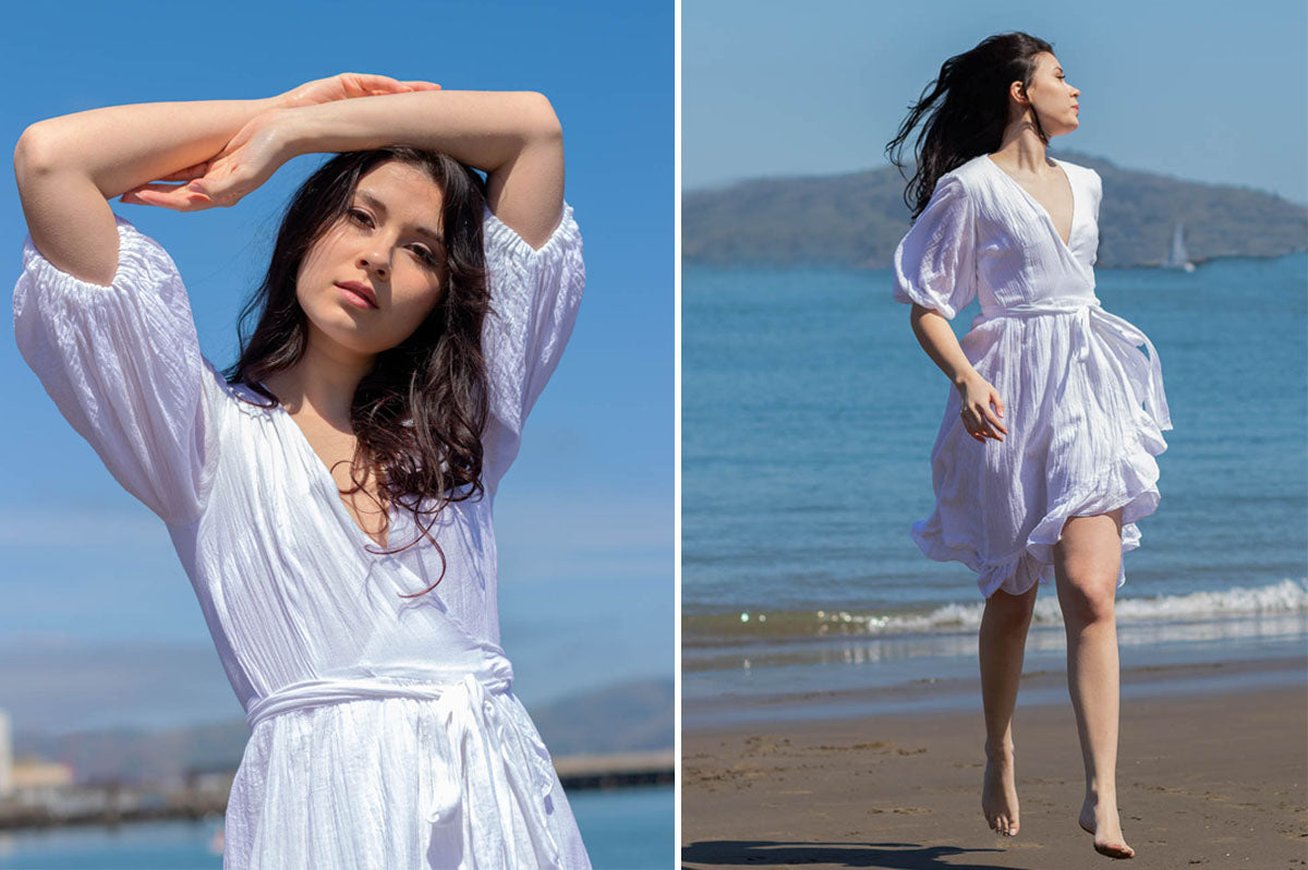 Alyssa Nicole Seascape Collection. Simple luxury cotton dress. Sustainable Luxury Dresses designed by Alyssa Nicole. Feminine, Ethereal, & Chic. Handcrafted in California· Made to Measure Apparel · Sustainably Sourced · 2 Day Shipping