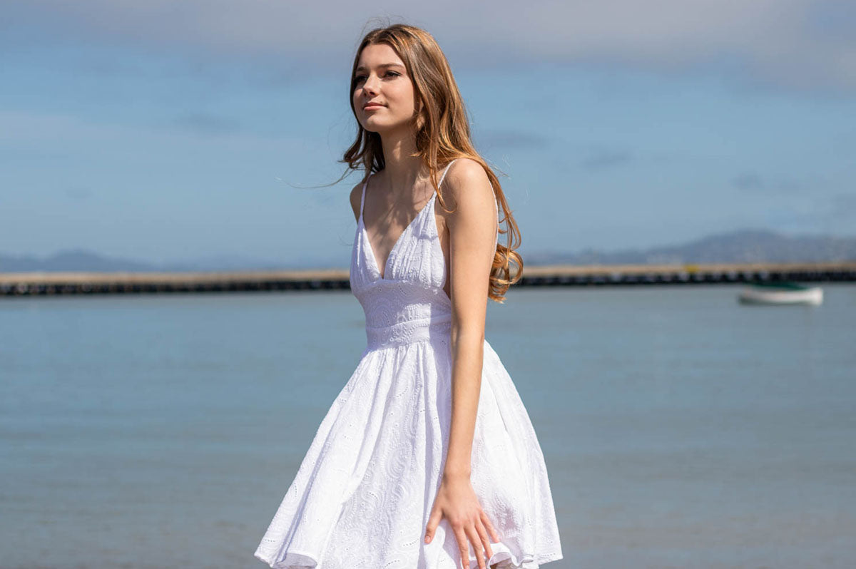 Alyssa Nicole Seascape Collection. Simple luxury cotton dress. Sustainable Luxury Dresses designed by Alyssa Nicole. Feminine, Ethereal, & Chic. Handcrafted in California· Made to Measure Apparel · Sustainably Sourced · 2 Day Shipping