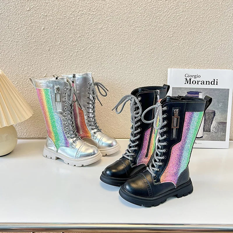 The Rainbow Lace-Up Iridescent Boots for Girls