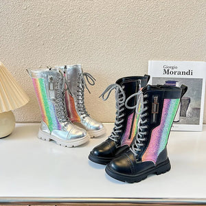 The Rainbow Lace-Up Iridescent Boots for Girls - Jadey's Closet