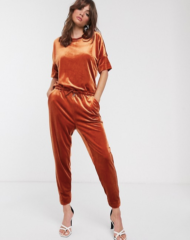 Combinaison pyjama femme velours orange flash