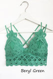 beryl green Women's Double Strap Scalloped Crochet Lace Bralette with adjustable straps and removable cups
