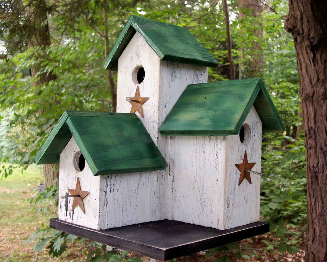 Three Nesting Box Condo Birdhouse White Green