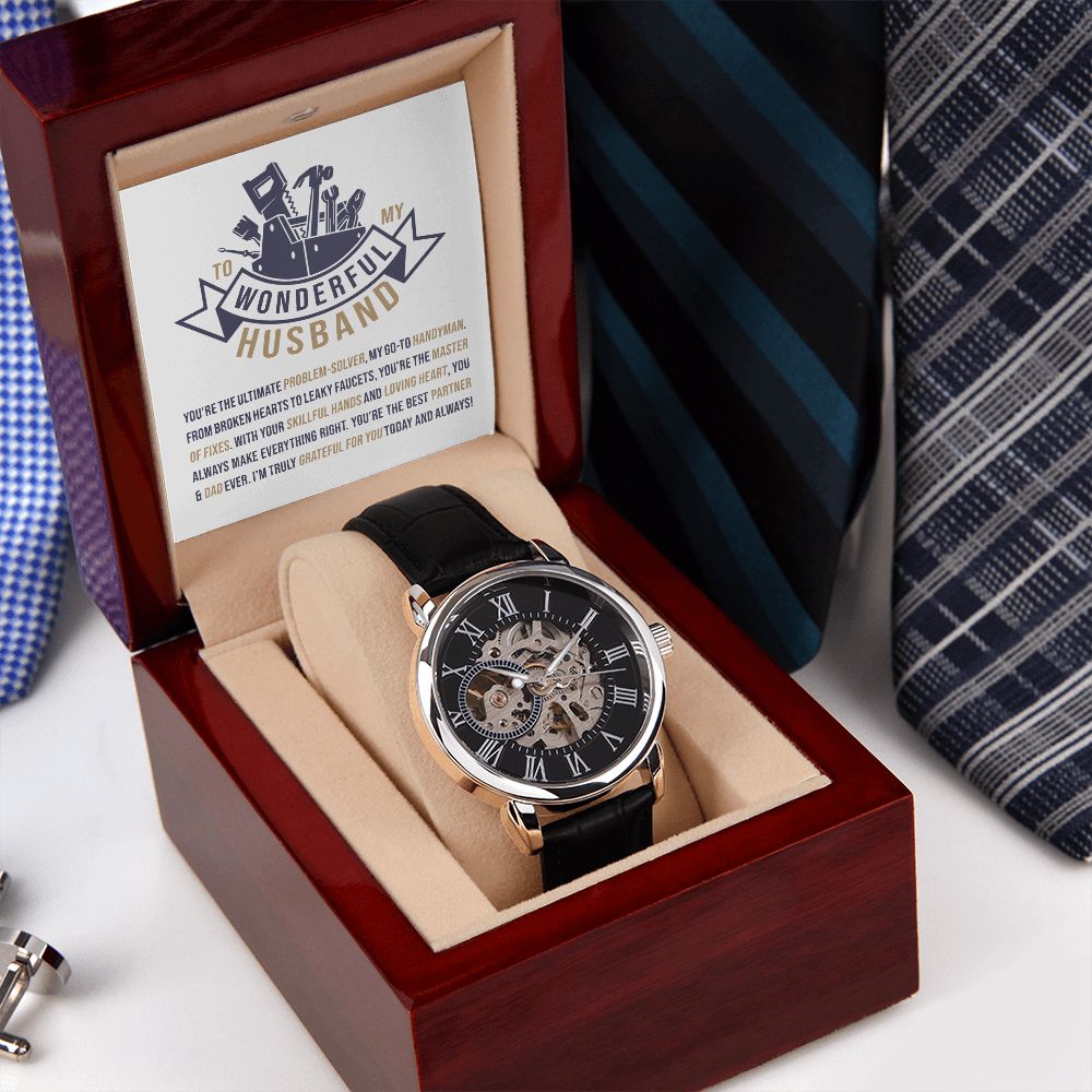 To My Wonderful Husband Men's Openwork Watch with Mahogany Box