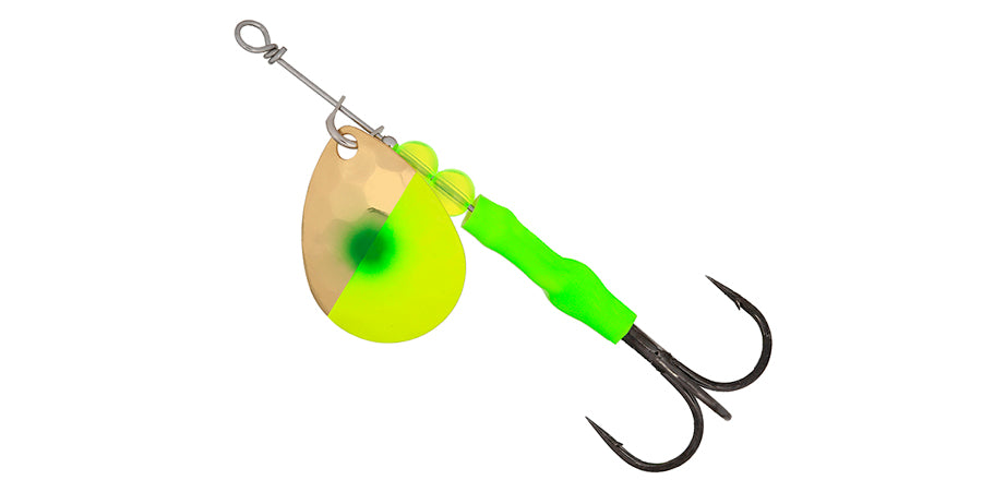 Simon 3.5 Spinner with Colorado blade. UV finishes and premium plating.  Best 3.5 Salmon Spinner ever made. Green Lantern