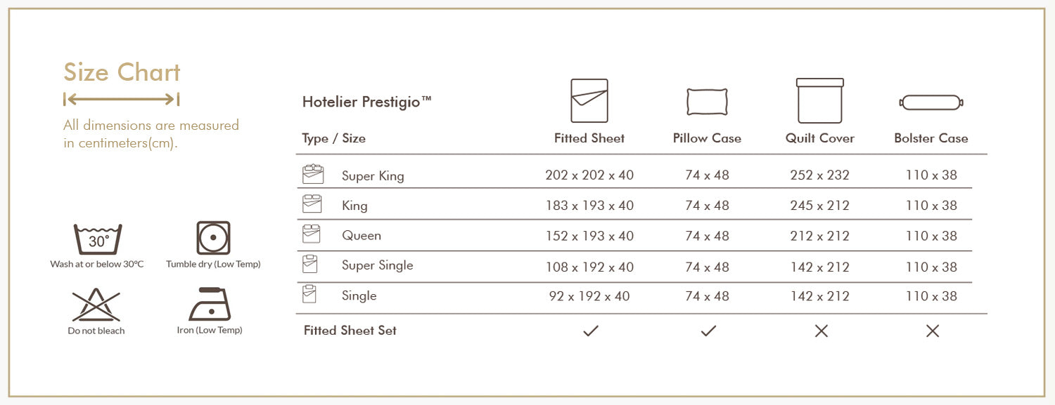 Hotelier Prestigio™ Onyx Black Pillow Case Size Chart