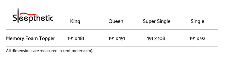 sleepthetic fitted memory foam topper size chart