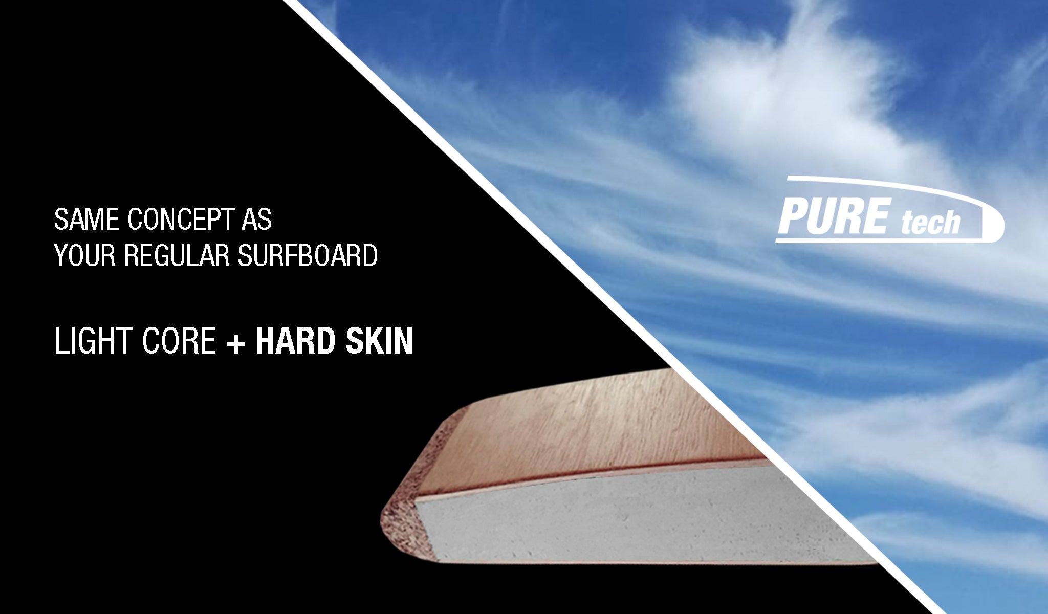 PURE TECH construction surboard system sustainable ecosurfboard light skin paulownia wood cork upcycle xps foam