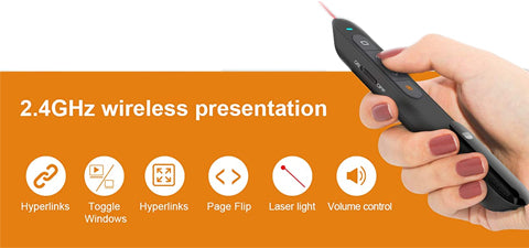 2.4 GHz Wireless Presenter features you can control: hyperlinks, toggle windows, page flip, laser light and volume control