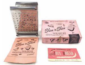 Photo of 1950 vintage Slice a Slice bread cutting device with box and recipe book