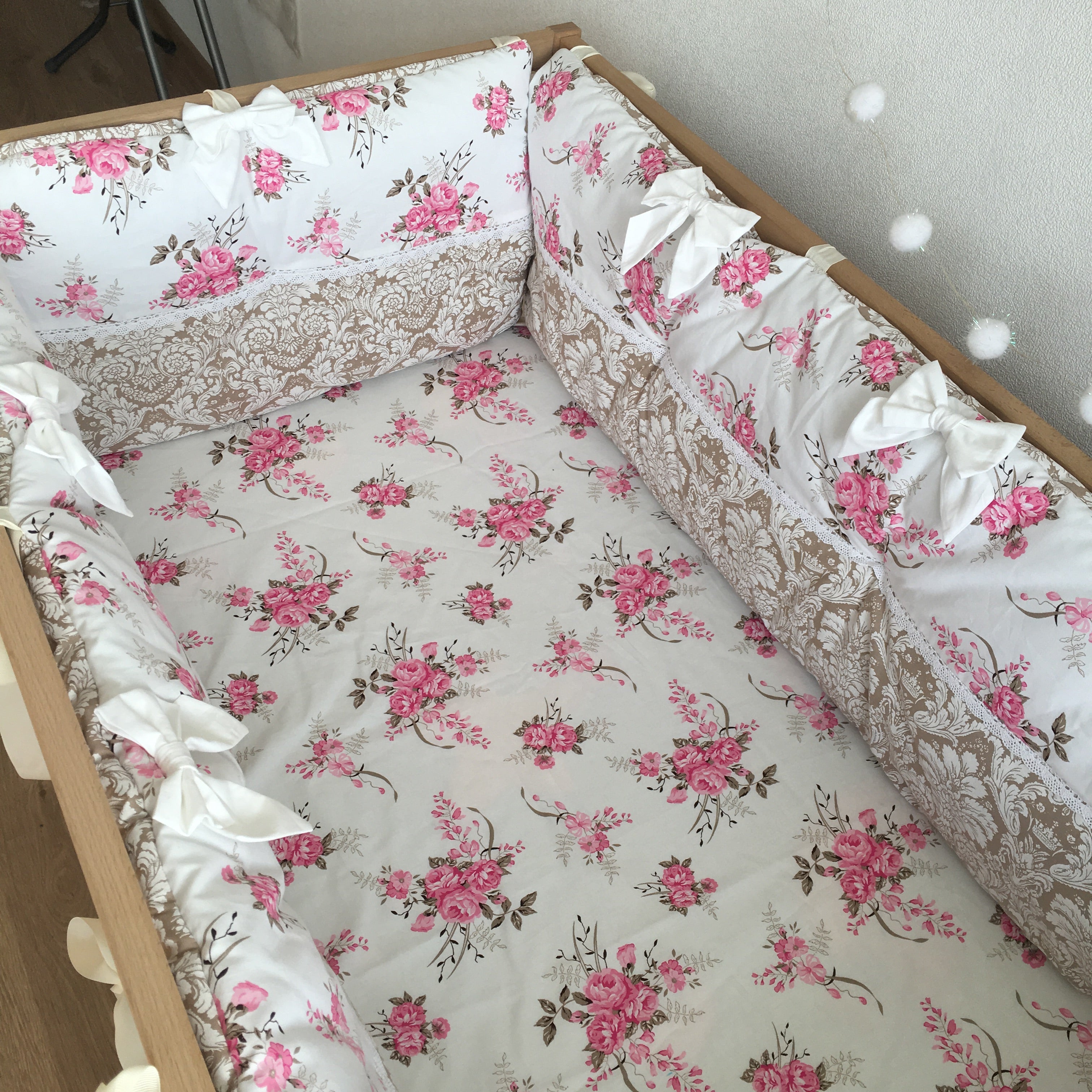 Tufted Floral Baby Crib Bumper In Pink Brown Heaven Sent Miracle