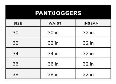 Pants & Jogger Size Chart