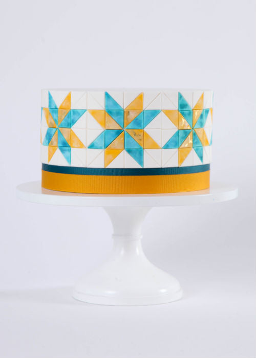 Colorful Geometric  Cake  on a White 12 inch Cake  Stand  