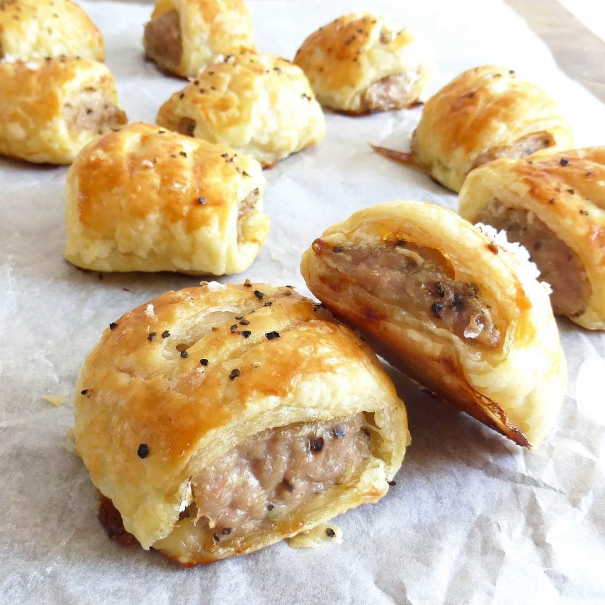 Em's Cheddar, Pickle and Onion Sausage Rolls