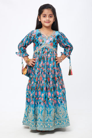 Aarika girls party wear rani colour embroidery net gown - Aarika - 4275632