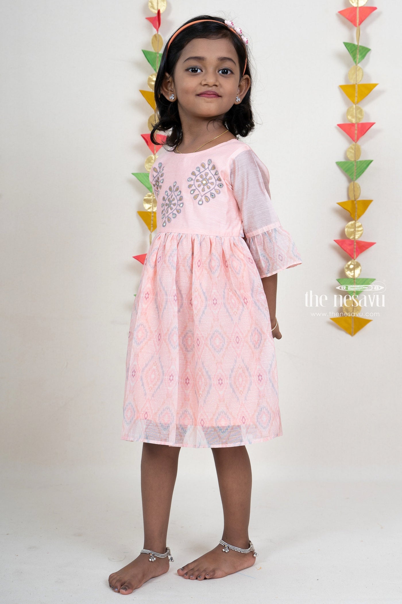 The Nesavu  Light Pink Ikkat Designer Cotton Gown For Baby Girls psr silks Nesavu